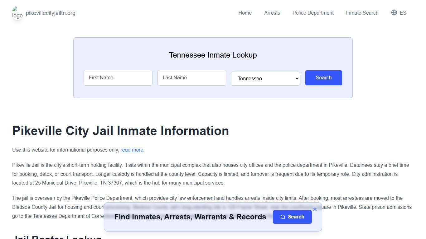 Pikeville Jail, TN Inmate Roster, Municipal Jail Info